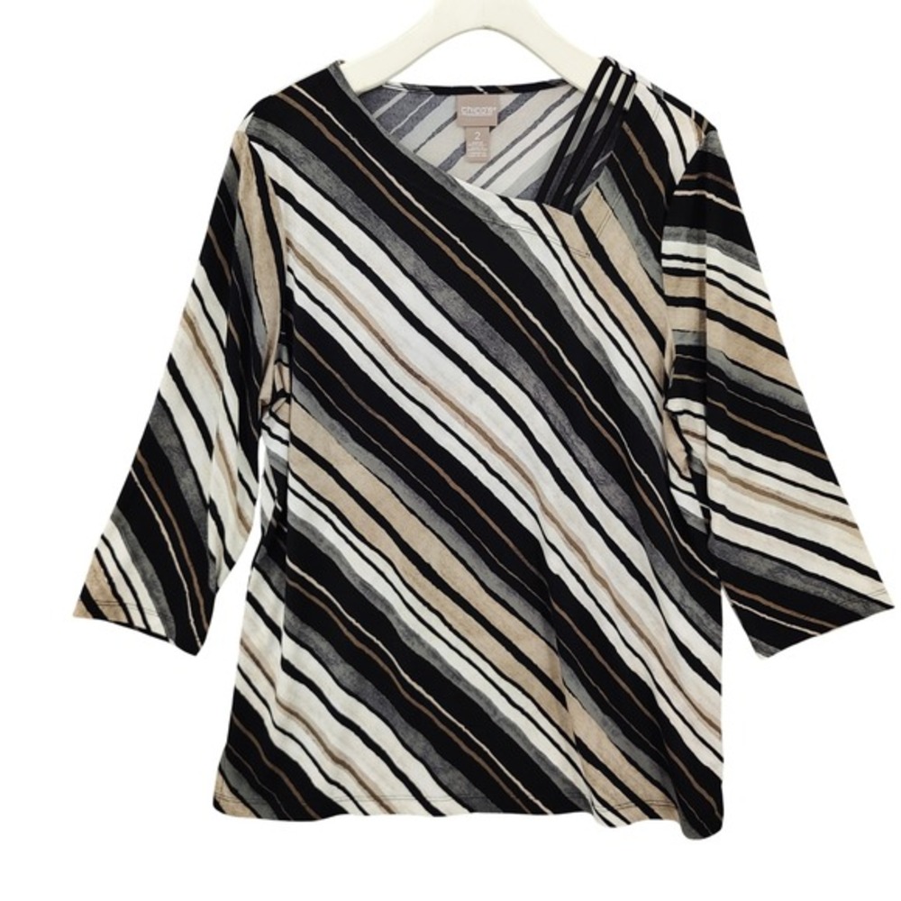 Chicos Women Earthy Neutral Sophisticated Knit Top 2 L Black Stripe Asymmetrical